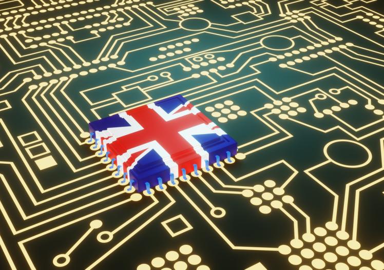 flag of UK on a neon glowing electronic circuit board