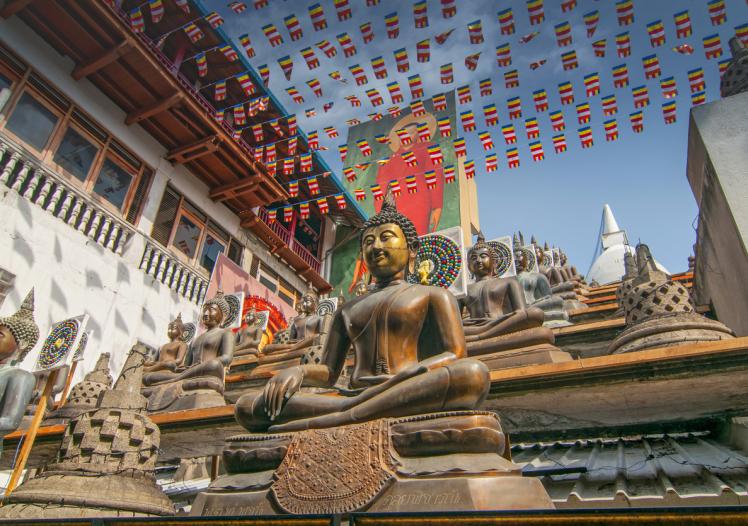 Statues of the Buddha in the lotus position, Gangaramaya Buddhist Temple, Colombo, Sri Lanka