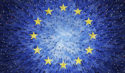 Crowd of people on European Union flag