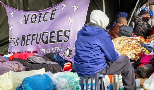 Refugees on hunger strike at the sendlingertor on November 24, 2014 in Munich