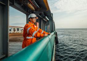 Filipino deck Officer on deck of vessel or ship stock photo