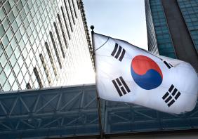 Korean flag hanging in a high-rise building