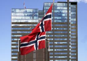 Norwegian flag in the center of Oslo, Norway