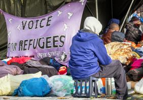 Refugees on hunger strike at the sendlingertor on November 24, 2014 in Munich