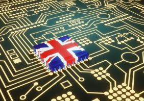 flag of UK on a neon glowing electronic circuit board