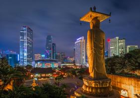 Korea Cityscape at Bongeunsa Temple in Gangnam District of Seoul, Korea.