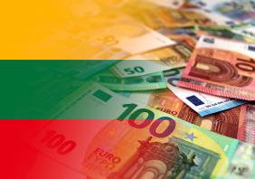 Euro banknotes colored in the colors of the flag of Lithuania