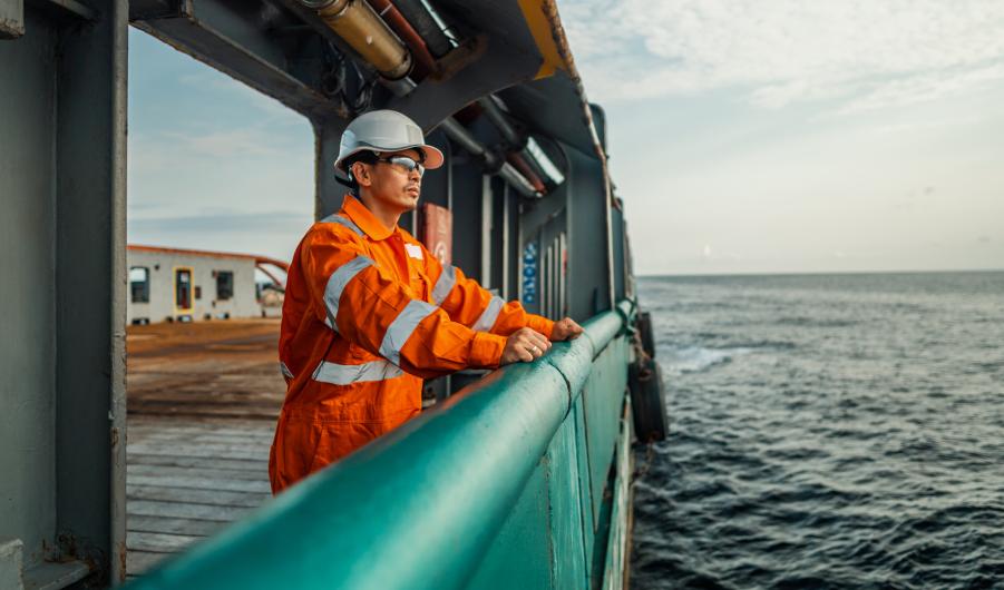 Filipino deck Officer on deck of vessel or ship stock photo