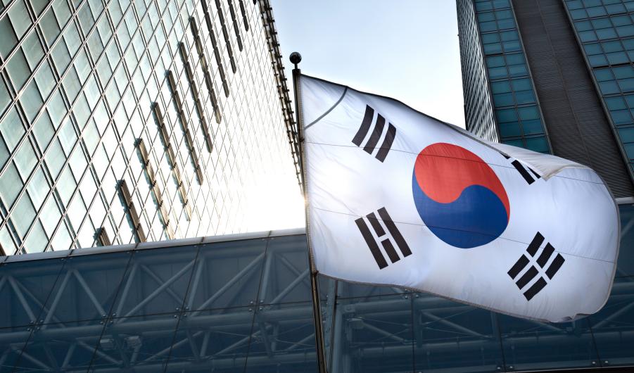 Korean flag hanging in a high-rise building