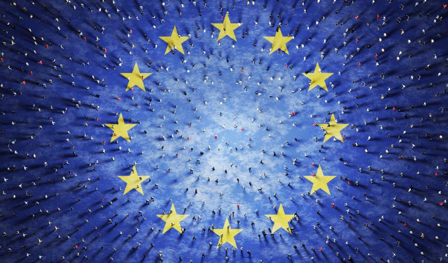 Crowd of people on European Union flag