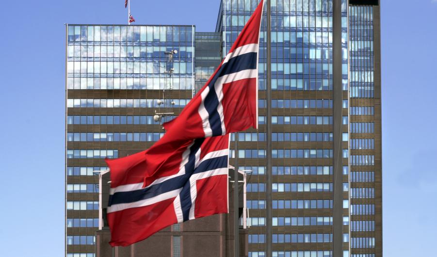 Norwegian flag in the center of Oslo, Norway