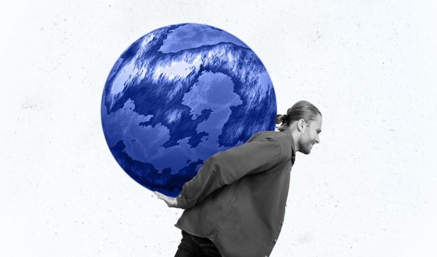 man carrying globe 