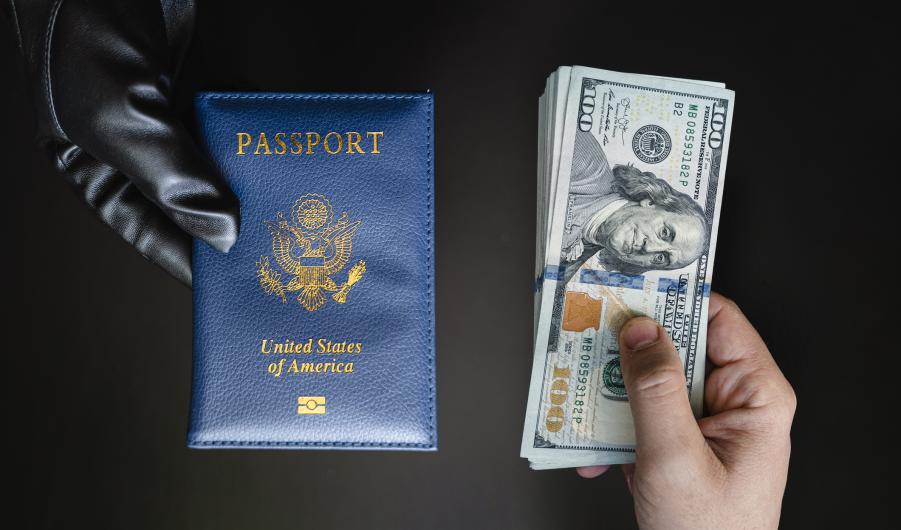 Hands holding passport USA and us dollar bills
