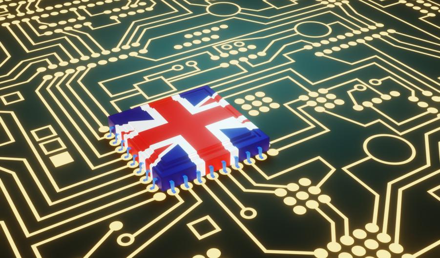 flag of UK on a neon glowing electronic circuit board