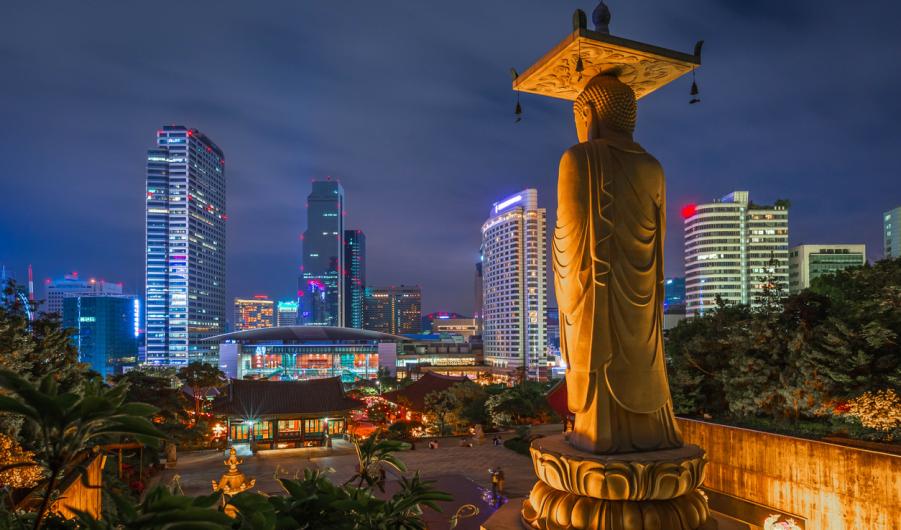 Korea Cityscape at Bongeunsa Temple in Gangnam District of Seoul, Korea.