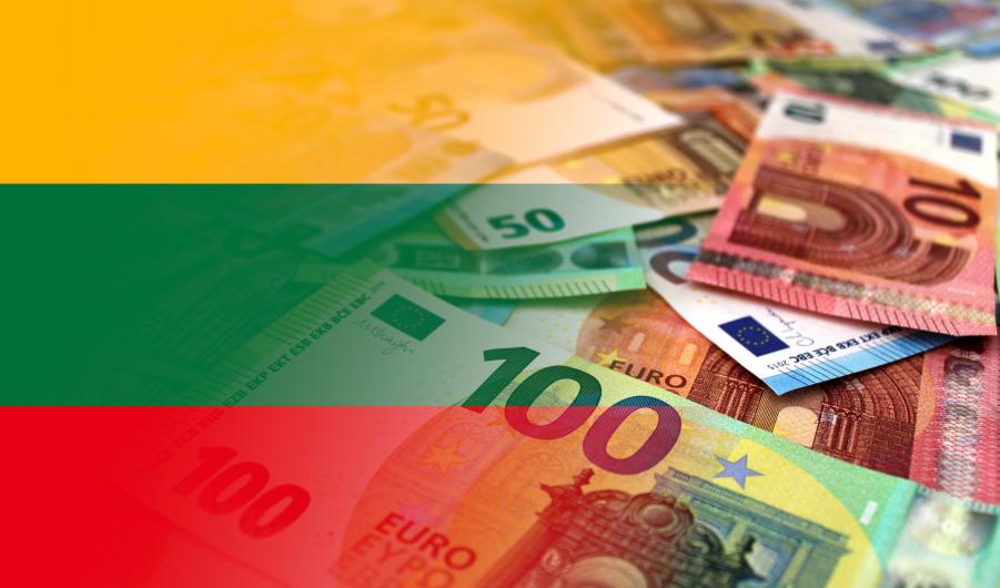 Euro banknotes colored in the colors of the flag of Lithuania